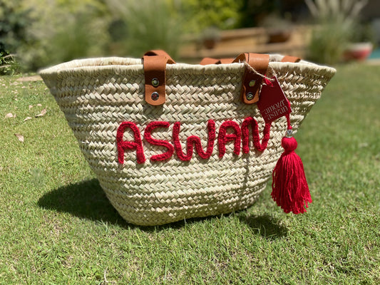 Sac du marché en feuilles de palmier et anses en cuir